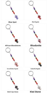 Detail showing assorted natural crystal mushroom keychains in 8 colorful stone varieties
