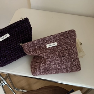Elegant woven tweed makeup bags in purple and pink tones with simple wish labels