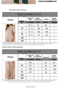 Size chart for women's short sleeve pajamas set with top and pants measurements