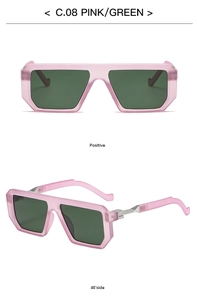 Front and 45-degree side view of pink matte square sunglasses with green lenses