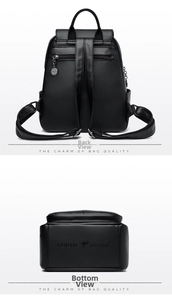 Rear view and bottom detail of black pebble leather backpack with anti-theft zipper