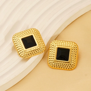 Retro square gold earrings with black stone inlay and textured borders for women