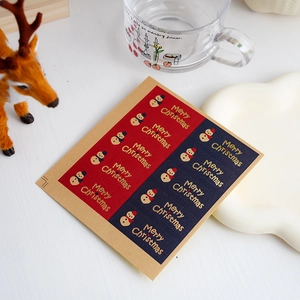 Detail of Christmas snowman sealing stickers in red and blue with Merry Christmas text