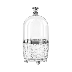 Rotating luxury cosmetic brush holder with transparent wavy base and silver bear lid topper