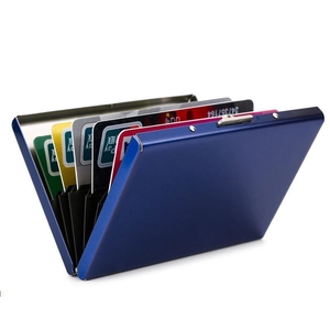 Slim navy blue metallic RFID blocking wallet with 6 card slots and brushed finish