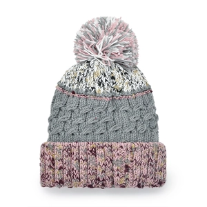 Chunky knit beanie with colorful pom-pom, soft winter thermal hat for women in gray and pink