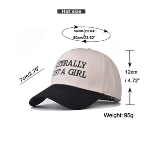 Detailed size guide of cotton baseball cap with Literally Just A Girl embroidery