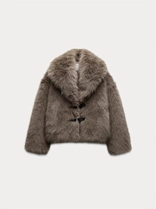 Short faux fur jacket in grey-brown with large lapels and black leather buckle fasteners