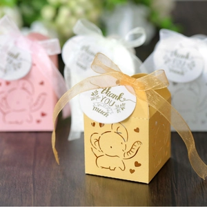 Laser Cut Elephant Hollow Candy Boxes Pearlescent Paper With Ribbons And Thank You Tags For Wedding Baby Shower Favors