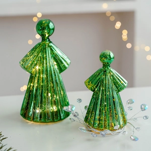 Set of two green mercury glass glowing angel ornaments with LED lights and gold speckles