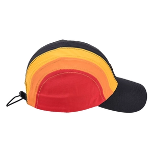 Detail of adjustable elastic drawcord and colorful side panels on outdoor baseball cap