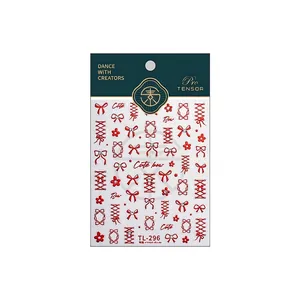 Red velvet bow nail art stickers TL-296 with vintage lace ribbons and stars