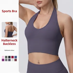 Soutien-gorge de Sport Licou pour Femmes Maille Côtelée Haut de Yoga Dos Nu Fitness Sans Couture Crop Top