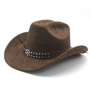 Western Cowboy Hat Faux Suede Wide Brim Retro Fedora With Leather Rivet Band Ethnic Style For Men Women