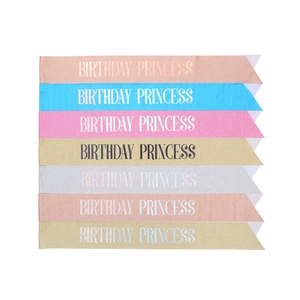 Set of 7 glittery Birthday Princess sashes in gold, rose gold, silver, and blue tones