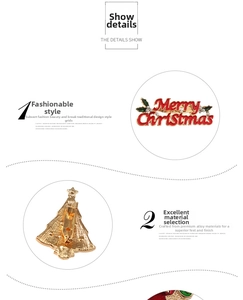 Detailed close-up of alloy Christmas brooch pins with Merry Christmas banner and tree