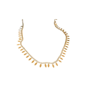 Gold choker necklace featuring metallic leaf pendants in a minimalist bohemian style