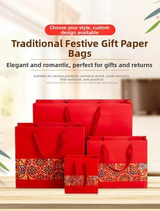 Detail of red Chinese style gift bags showing waterproof and tear-resistant material