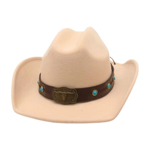 Beige western cowboy hat with turquoise beads and bronze bull head buckle detail