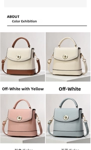 Detailed grid view of stylish macaron handbags in cream, pink, and sky blue leather