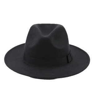 Classic black wide brim fedora hat with matching ribbon trim on a clean white background