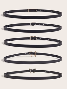 Collection of thin black PU leather belts featuring gold and silver metal buckle designs