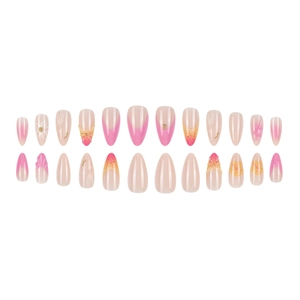 Unghie finte a mandorla con motivi floreali, sfumature rosa e perle decorative