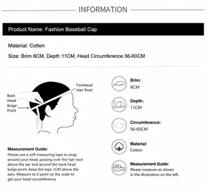 Size chart showing baseball cap dimensions and head measurement guide for men and women
