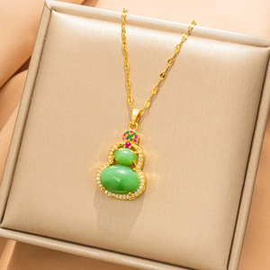 Exquisite Titanium Steel Hulu Pendant Necklace Lucky Gourd Inlaid Green Artificial Gemstone Rhinestone Gold Chain Jewelry For Women