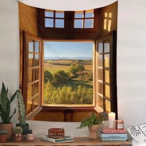 Detail of bohemian tapestry showing a 3D window view of autumn fields and mountains
