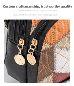 Detailed close-up of multi-texture leather patchwork and gold zippers on a mini backpack