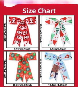 Size chart showing height and width for four colorful Christmas bow gift ornaments