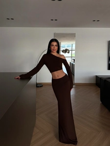 Femmes Sexy Maille Côtelée Épaule Oblique Haut Court Manches Longues Et Jupe Midi Taille Haute Coton Polyester Brun Streetwear