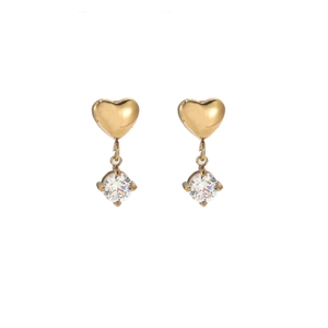 Elegant gold heart earrings with dangling clear zircon stones on a white background