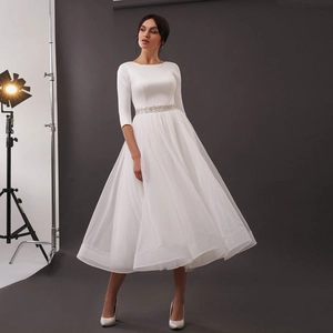 Elegante Abito Da Sposa Avorio Raso Tulle Cintura Strass Linea A Maniche A Media Lunghezza Scollo Rotondo Per Donne