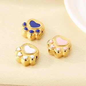 Three gold stainless steel paw charms with blue white and pink enamel for DIY jewelry