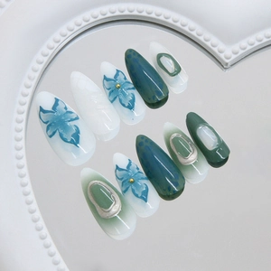 3D green lily and polka dot press-on nails with blue floral hand-painted designs