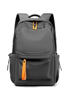 Waterproof dark grey oxford backpack with orange zipper accents for outdoor travel and school