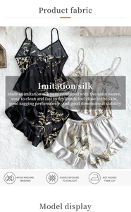Detail of floral satin sleepwear set showing breathable fabric texture and wash care icons
