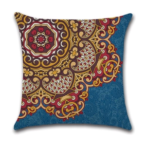 Linen pillowcase featuring a colorful ethnic mandala pattern on a deep blue background