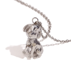 Silver puppy pendant necklace with heart crystal in polished stainless steel