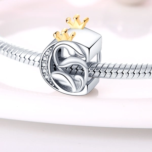 Macro shot of silver letter S charm with gold crown and sparkling zircons on bracelet