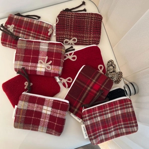 Retro Woolen Plaid Coin Purse With Bow Embroidery Small Mini Zipper Storage Bag For Cards Lipstick Cosmetic Pouch