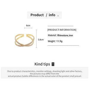 Detailed specs of the gold crisscross rhinestone bangle with exact size and weight metrics
