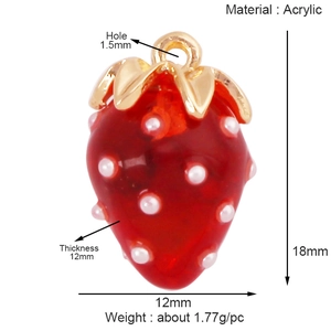 Red strawberry acrylic fruit pendant charms with gold top and dimensions marking