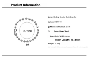 Detailed specs of 6mm titanium steel bead chain bracelet in silver and gold finish