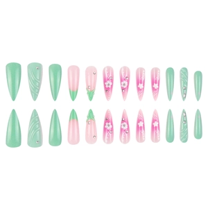 Floral stiletto press-on nails with mint green and pink gradient with 3D spiral texture