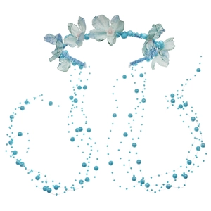 Exaggerated bridal pearl tassel headband with handmade blue floral and beaded accents