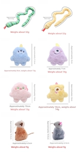 Detailed size and weight chart for various plush catnip pet toys in different shapes