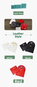 Close-up of leather jewelry pouches with snap buttons in black, white, and red tones